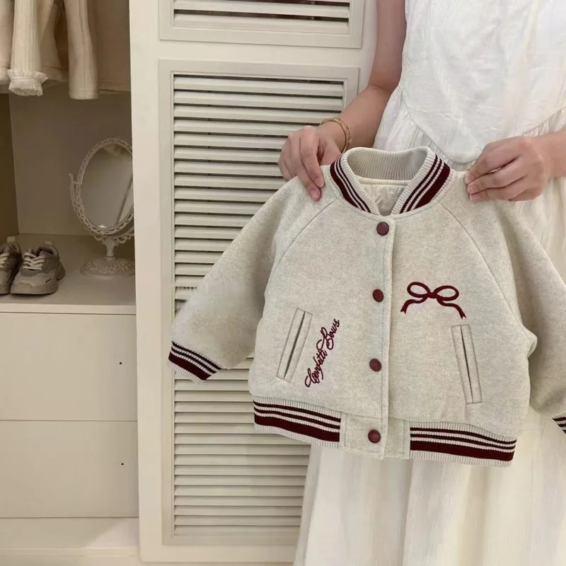 

Новые зимние пальто для девочек HoneyCherry, детская бейсбольная куртка, утолщенный топ на хлопковой подкладке, детское шерстяное пальто