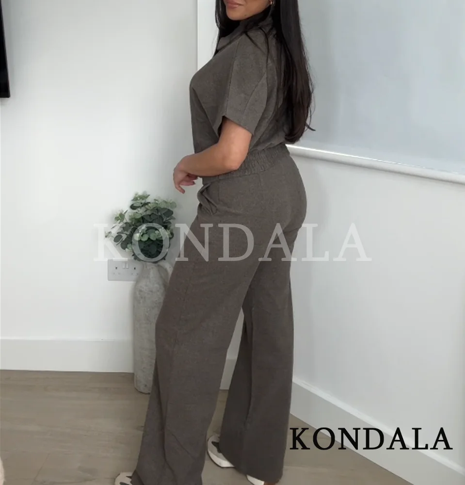 ชุดเซ็ตเสื้อผ้าผู้หญิง KONDALA สำหรับฤดูใบไม้ร่วง ประกอบด้วยเสื้อแจ็คเก็ตแขนสั้นแบบมีปกติดซิป และกางเกงขายาวเอวยางยืด แฟชั่นฤดูใบไม้ร่วงปี 2025 ดีไซน์หรูหรา