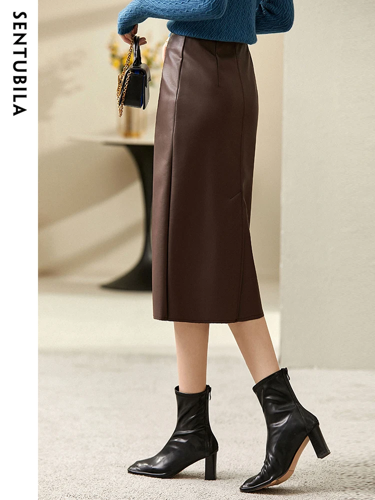 SENTUBILA Pu Leather Straight Skirts for Women 2024 Spring Autumn Slit Midi Lady Zipper Maillard Skirt Woman Clothing 123Q44003