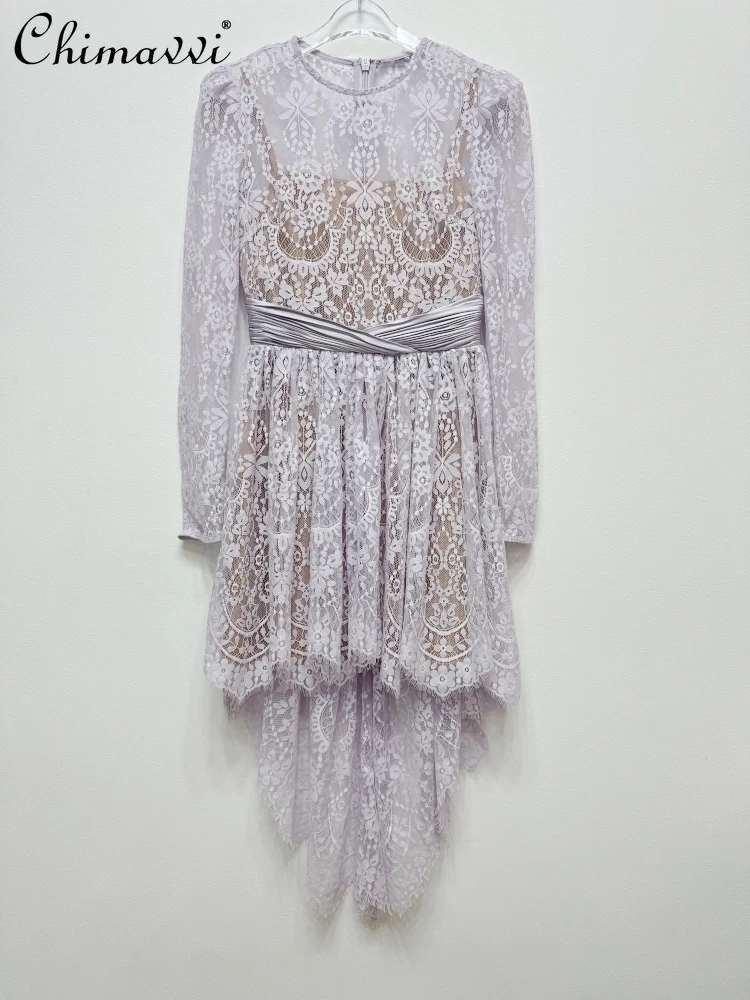 

Sexy Girl Purple Lace Perspective Long-sleeved Crew Neck Dress Summer New Fashion Long-sleeved Irregular Hem Party Gown Dresses