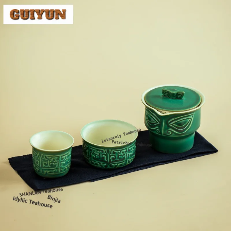 

Sanxingdui Mask Cultural Creative Travel Tea Set Kit Handmade 1 Pot 2 Cups Tea Making Organizer Portable Camping Tote Bag Gift