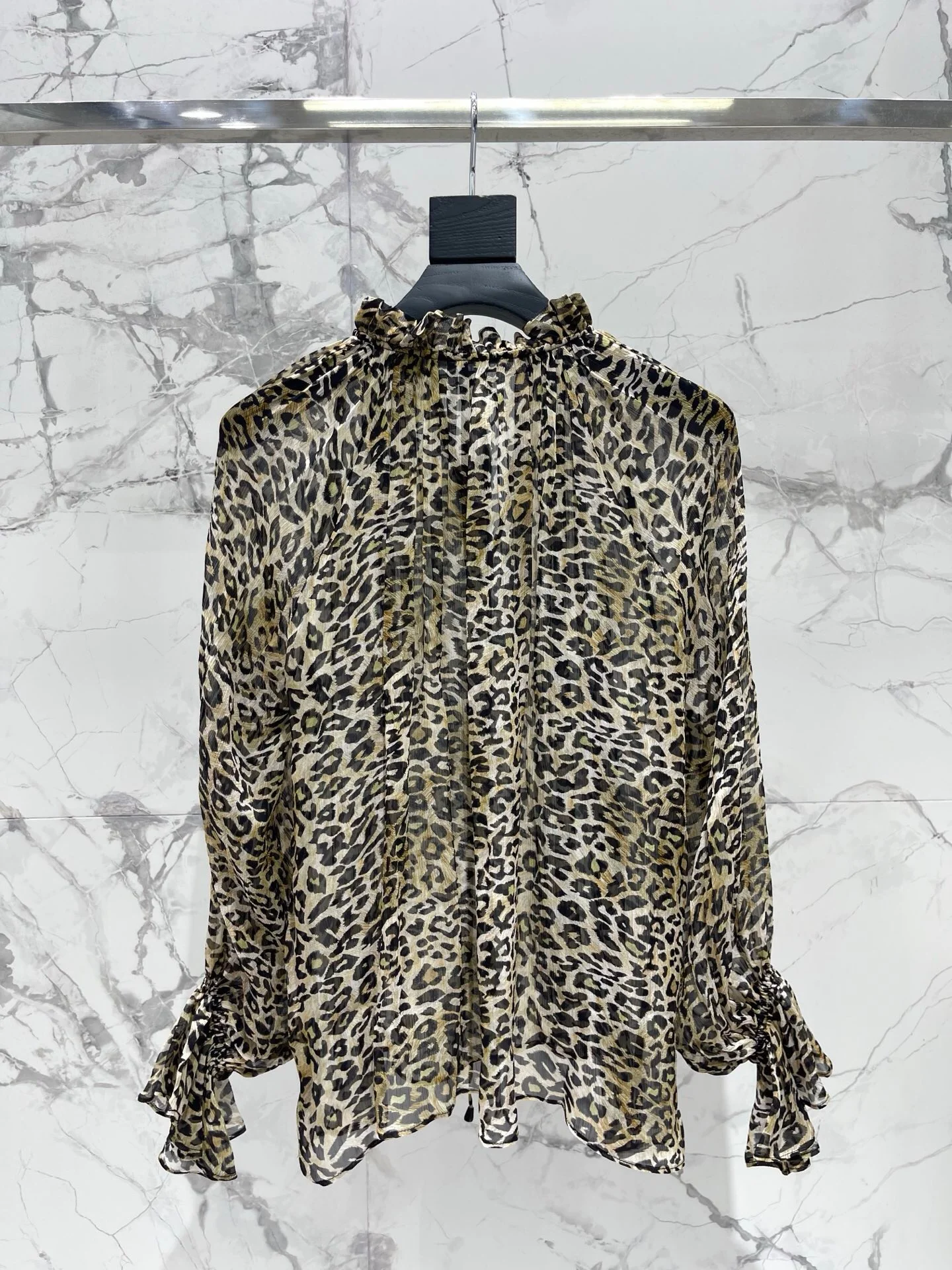 100% Mulberry Silk Blouse Women Luxury Leopard Print Ruffle Neck Sheer Shirt Elegant Animal Top