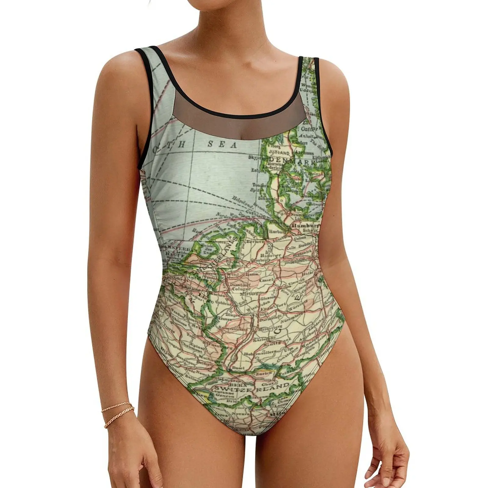 Vintage Europe Map Swimsuit Sexy Old World Maps Female Swimwear One Piece Fashion Bodysuit Holiday Push Up Mesh Bathing Suits