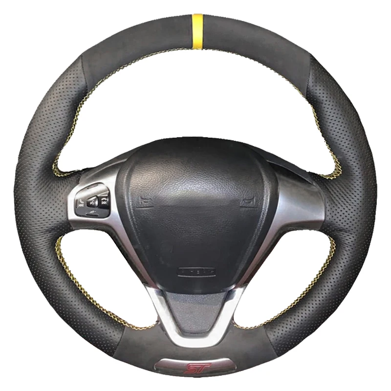 

Black Genuine Leather Suede Hand-stitched Car Steering Wheel Cover For Ford Fiesta ST 2013 2014 2015 2016 2017 2018