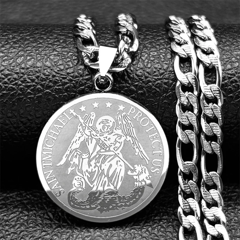 Saint Michael Protect Us Pendant Necklaces for Women Men Stainless Steel Gold Color Religious Amulet Hip Hop Chain Jewelry