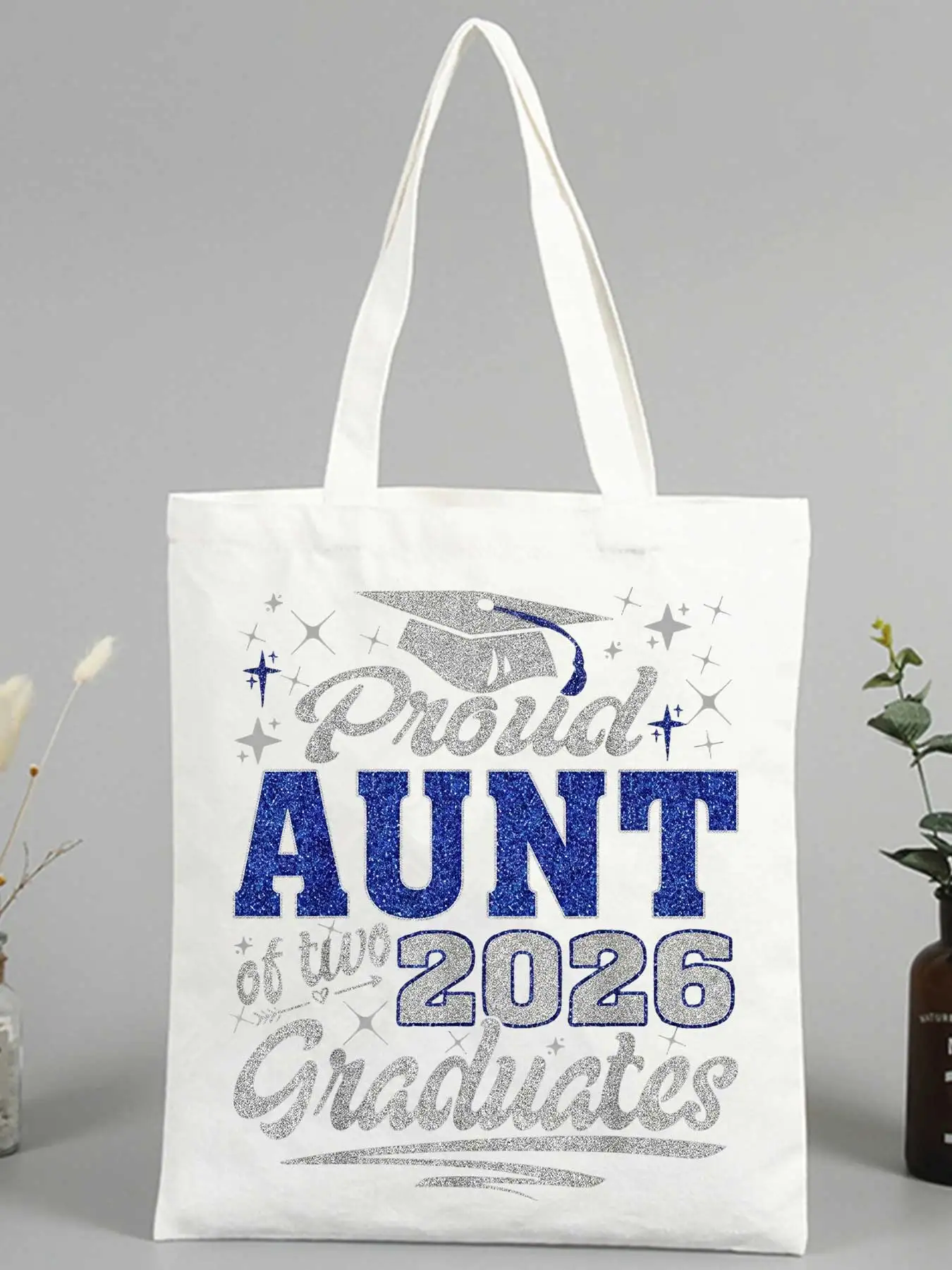 Aunt's canvas tote bag with graduation cap and letter print, perfect for casual use and celebration outings