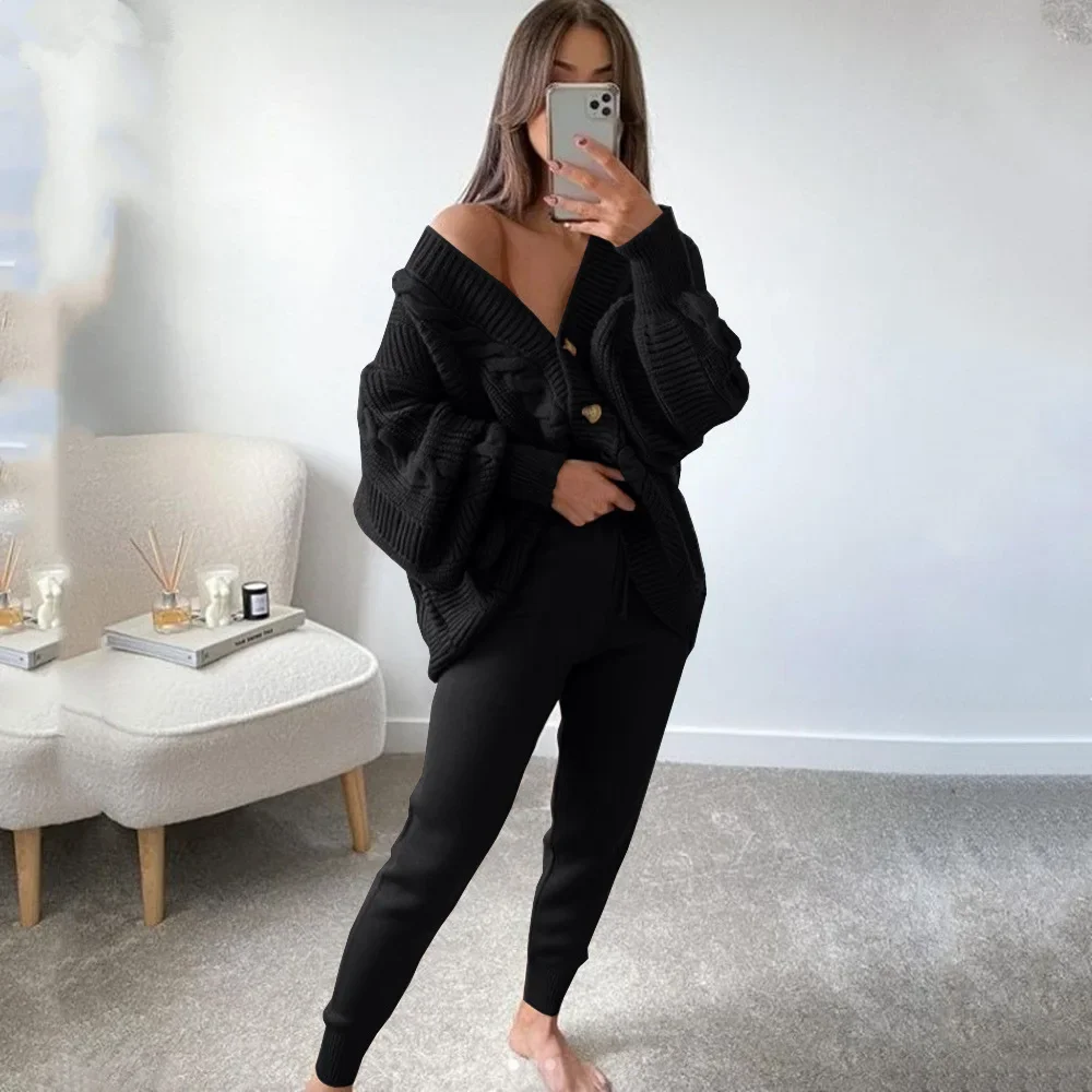 Kinitted Cardigan Pants Suits Women 2 Piece Sets Solid Spring Tracksuit Thick Warm Autumn Winter Clothing Joggers Matching Sets