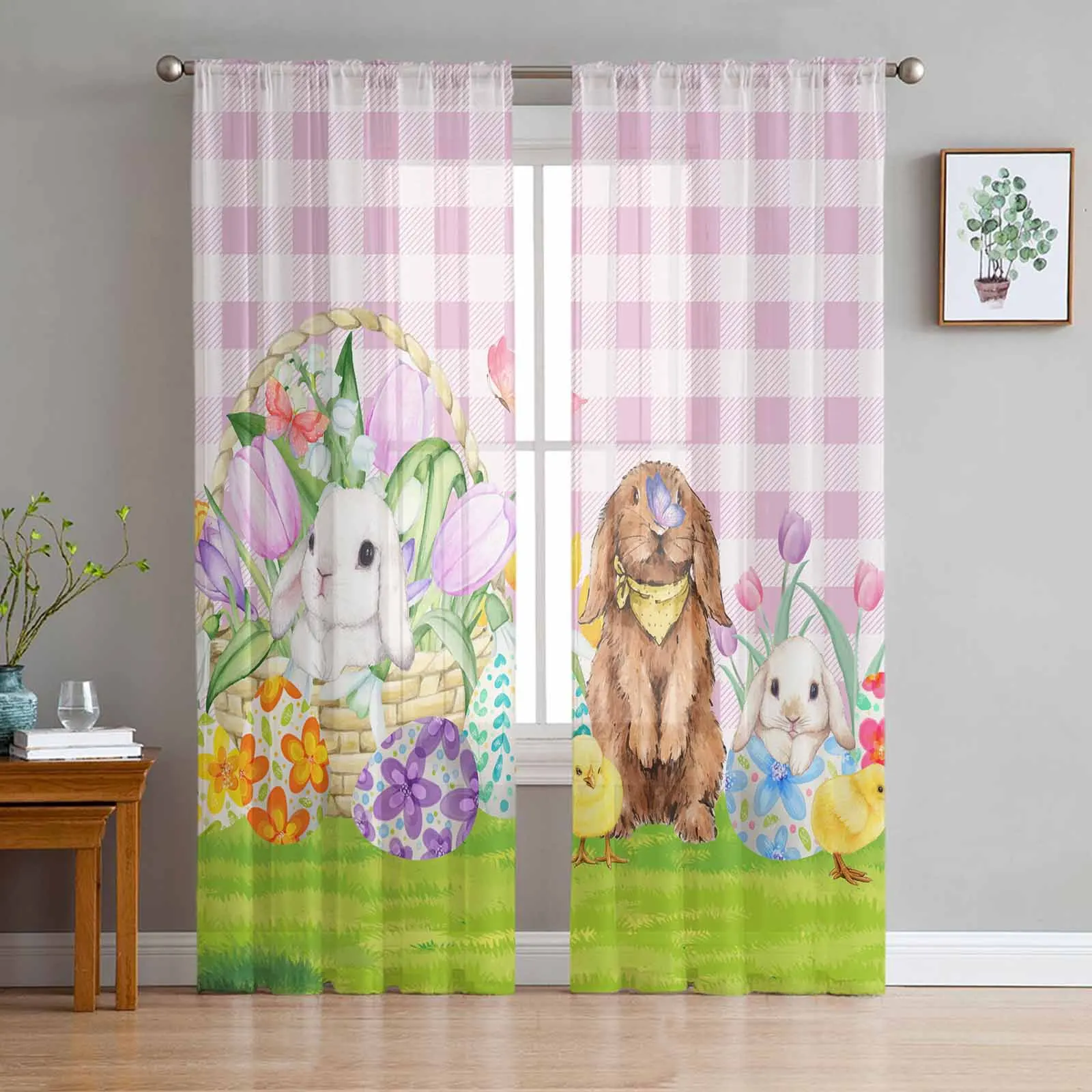 Easter Bunny Flowers Eggs Plaid Voile Curtains for Bedroom Window Tulle Curtain for Living Room Sheer Blinds Drapes