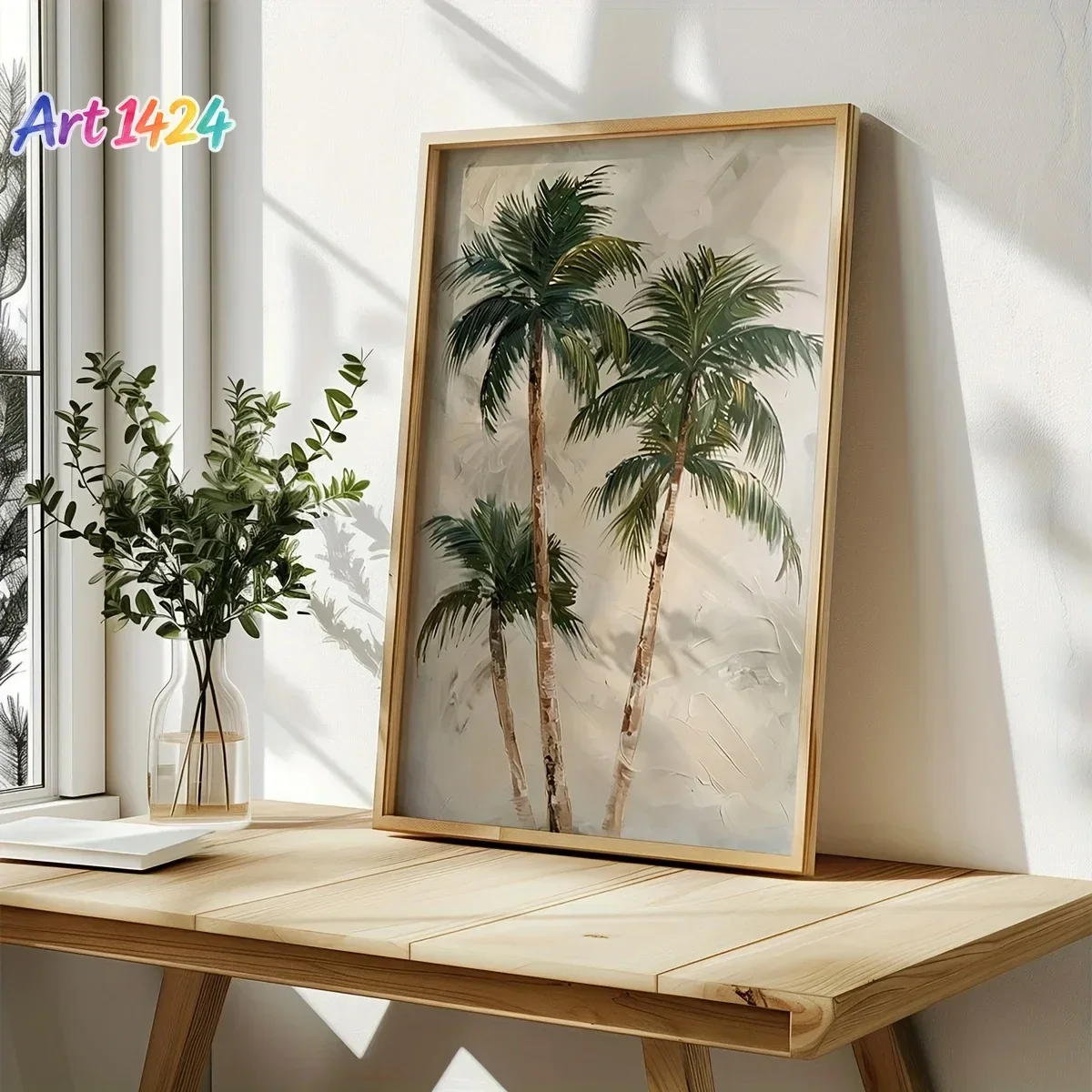 1pc Frameless Canvas Poster - Modern Tropical Palm Tree Art, Vibrant Green & Beige Botanical Print, High-Quality Canvas Wall