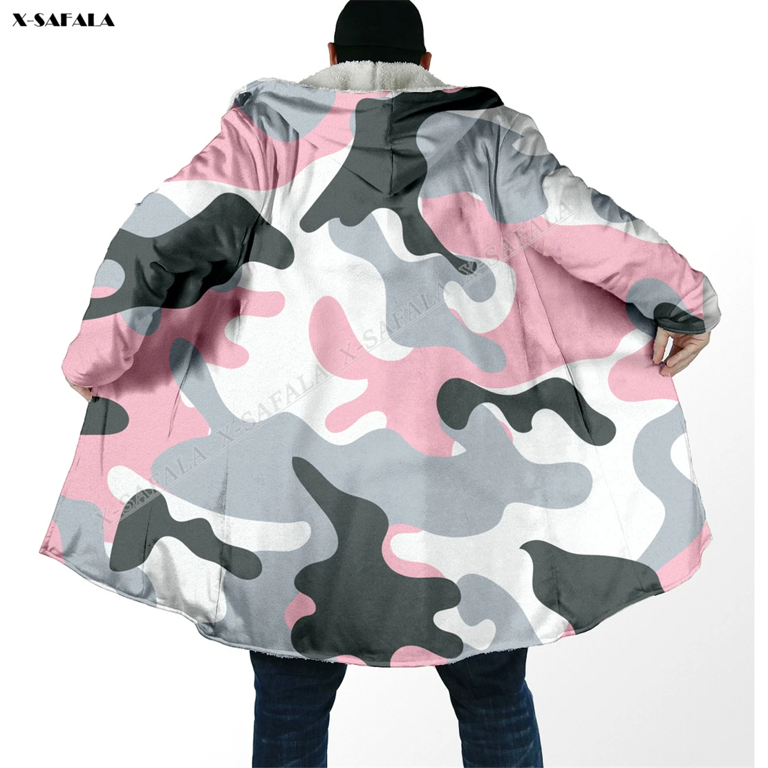 

Army Camo Pattern 3D Printed Overcoat Hooded Blanket Coat Robe Fleece Loose Men Female Cloak Windproof