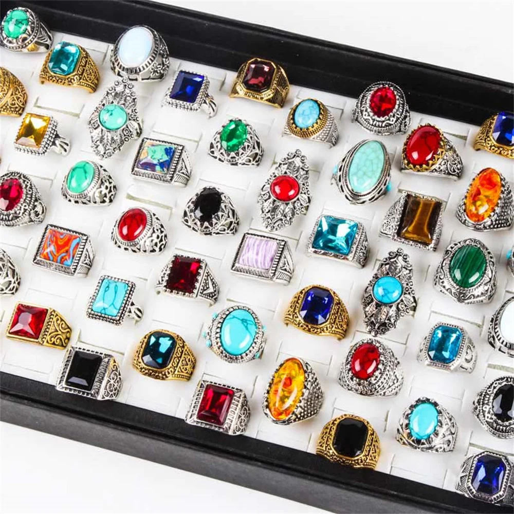 

Wholesale 50pcs/Lots Vintage Metal CZ Cubic Zirconia Glass Stone Rings For Mens Women Jewelry Party Gift Wedding Items Mix Style