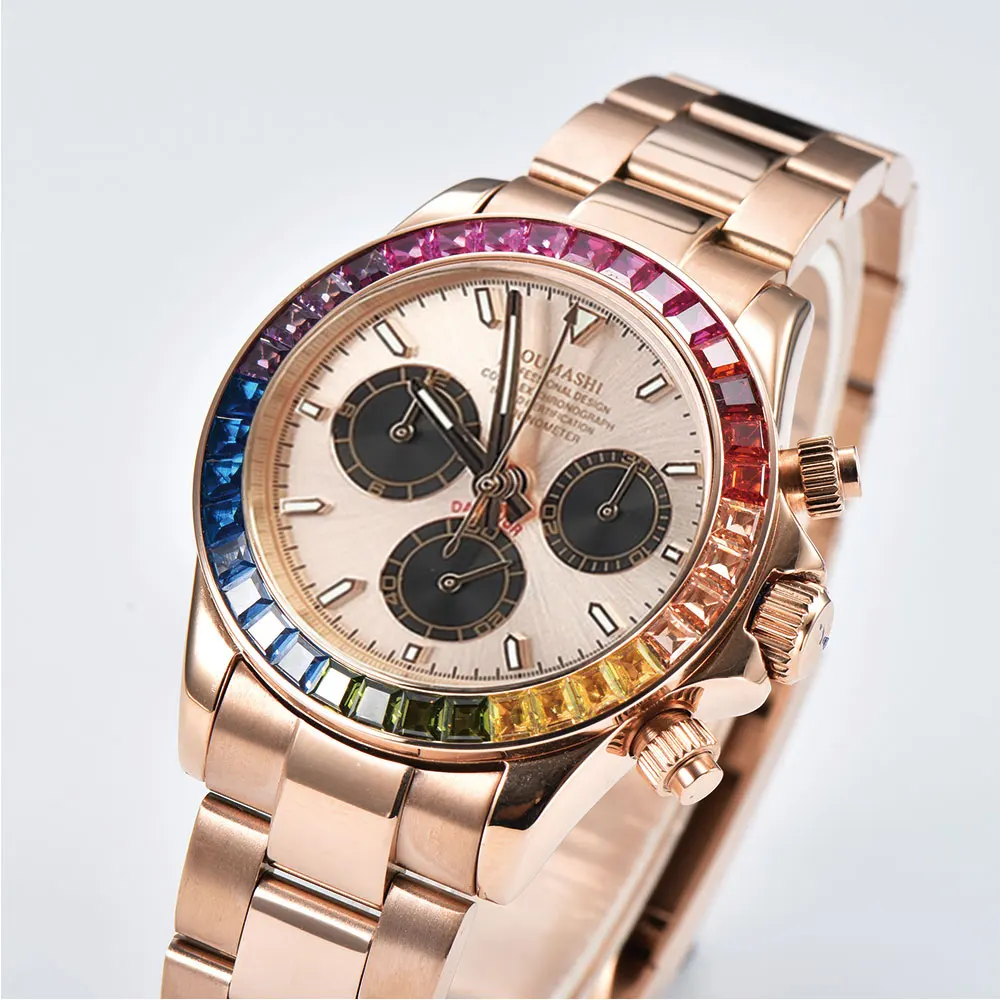 Orologio da polso da uomo di lusso da 39 mm, movimento 7750/4613D, cronografo meccanico con lunetta in pietra preziosa colorata, orologio da uomo in vetro zaffiro