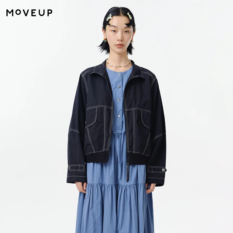 

MOVEUP Loose Jacket 2026 Spring New Pocket Ribbed Hem Contrast Color Line Pure Cotton Zipper Casual Jacket For Women 325120704