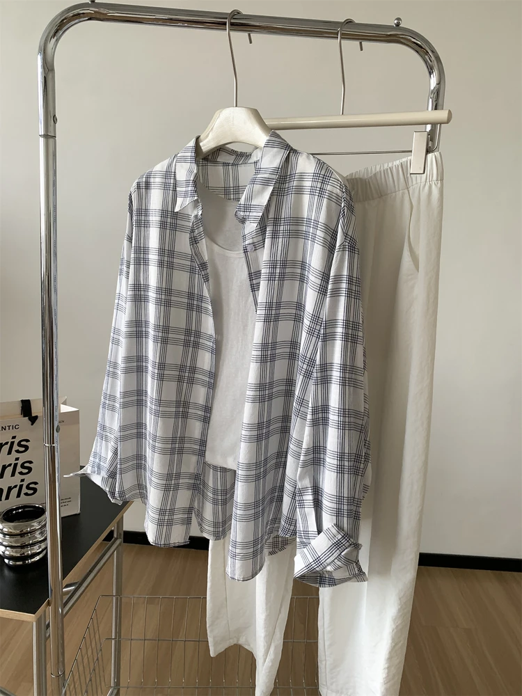 

Boyfriend Blue Plaid Shirt For Women Washed Cotton Turn-down Collar Shirt