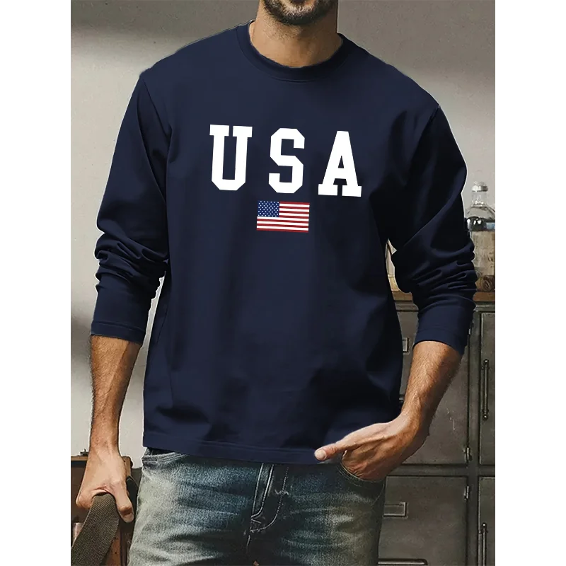 Camiseta Manga Larga Con Cuello Redondo Y Estampado Bandera Americana Informal Cómoda Algodón Para Primavera Otoño Para Hombre