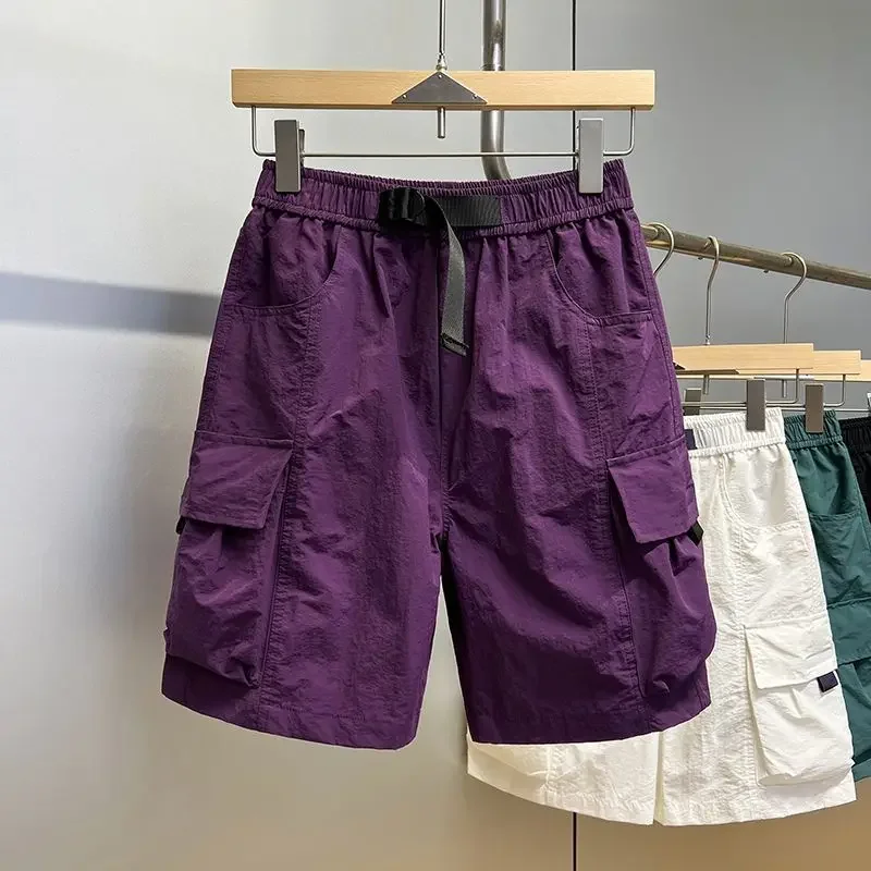 

Длинные мужские шорты-карго, однотонные бермуды с эластичной резинкой на талии, мешковатые с завязками, широкие мужские короткие брюки, полусвободные карманы, популярные Y2k