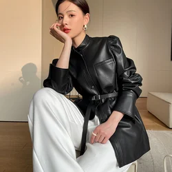 Spring Leather Sheepskin Coat Women's Medium and Long Slim fit Belt Puff Sleeve Jacket Fashion Motorcycle Genuine Leather Coat