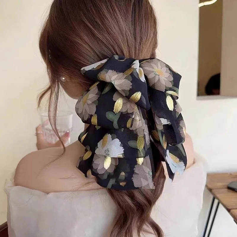 Floral Streamers Bow Ponytail Grab Hair Clips for Women Girls Vintage Fashion Large Bowknot Hairbows Hair Accessories Headdress