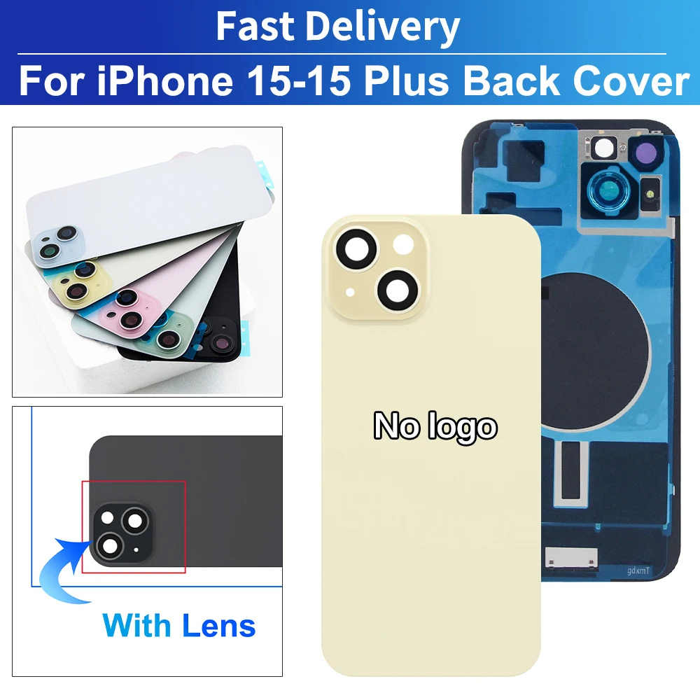 Für iPhone 15/15Plus Serie Farbige Akku-Rückabdeckung Glaspanel Rückseite Gehäuse Kamerarahmen Objektiv Ersatz