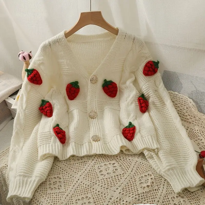 

Sweet Three-dimensional Strawberry Single Breasted Knitted Women Korean Fashion Versatile Long Sleeved Cardigan Sweater