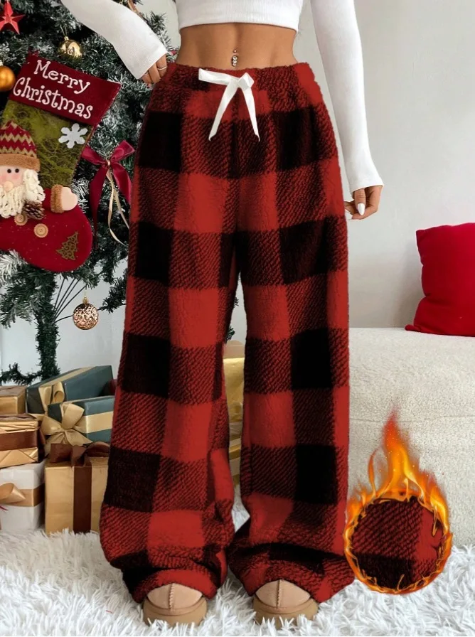 

Loose Casual Plush Trousers For Women Autumn Winter Fashion New Versatile Warm Thickened High Waist Plaid Wide Leg Pants