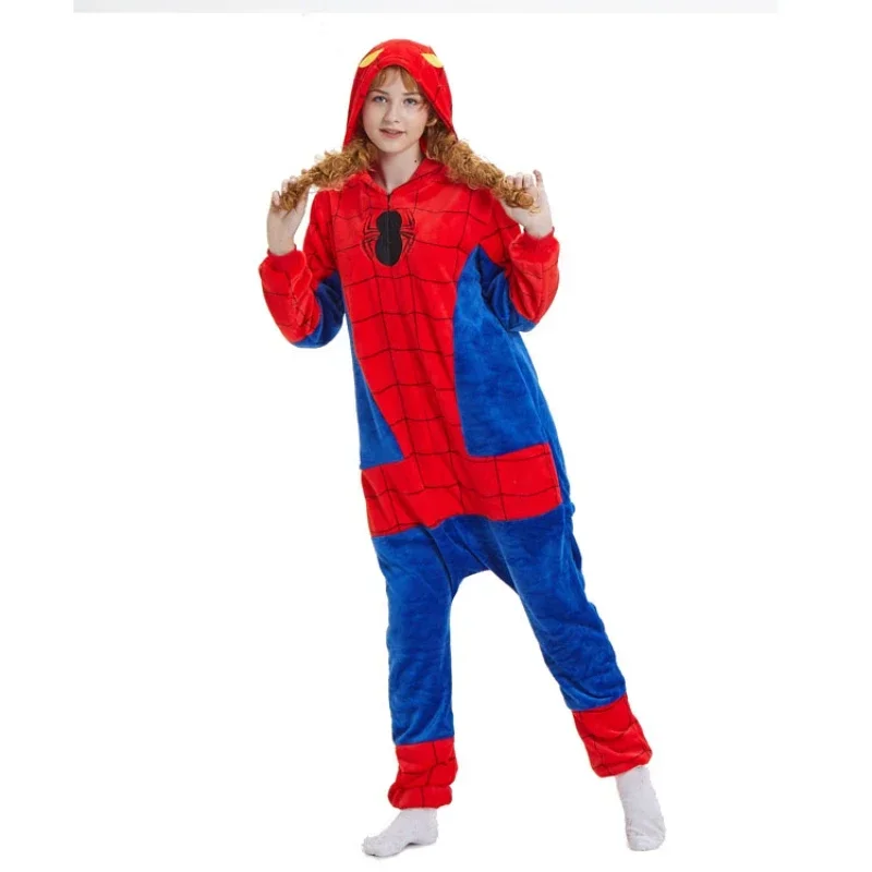 Anime characters Pajamas Adult Children Spider Man Costume Clothes One-piece Nightgown Home Hooded Sleepwear Jumpsuit Pijama