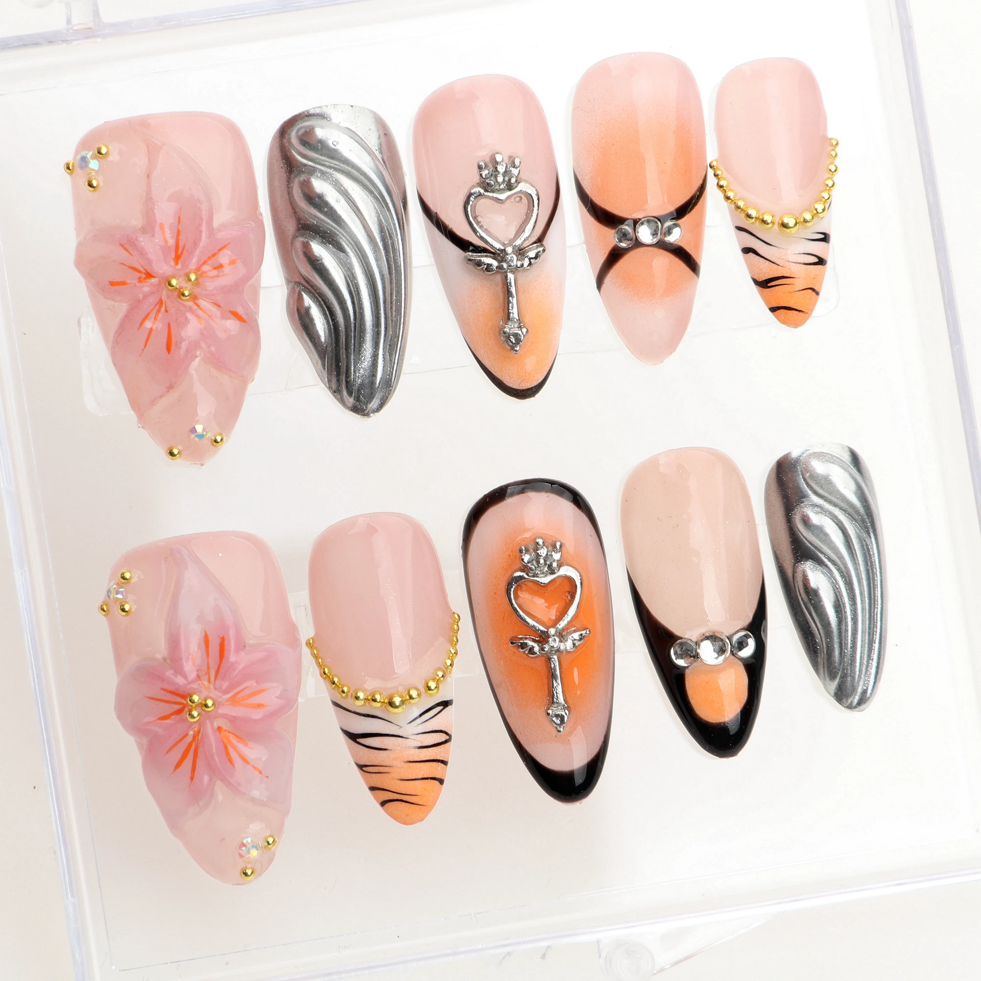 

10Pcs 3D Gel Flower With Blue French Tip Almond Press On Nails,Custom Hand painted Acrylic nails,Fake Nail for Birthday, Holiday