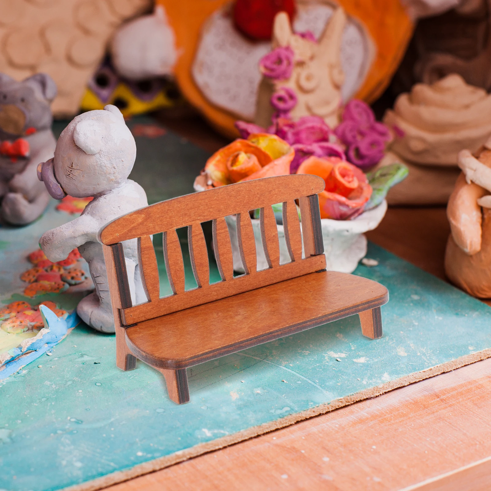 1pc Furniture Wooden Bench Ornaments Chair Model Photo Prop Miniature Settee Green Office Home Decor Vintage Craft Adorable