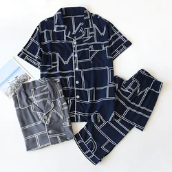 New spring and summer men's viscose pajamas short-sleeved trousers two-piece set large size geometric cardigan home service suit