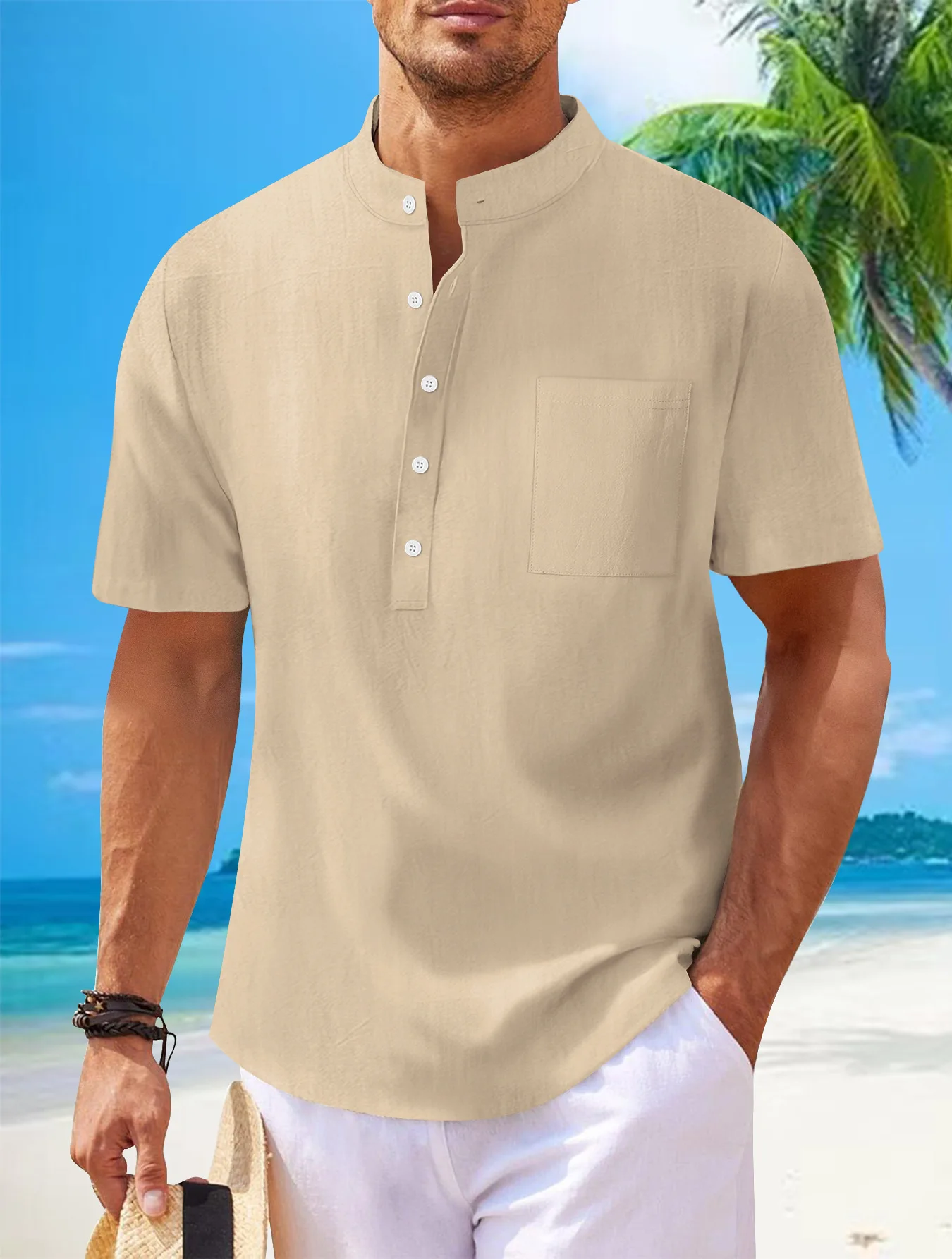 

Осень 2025 года, трансграничная мужская рубашка из хлопка и льна с воротником-стойкой и короткими рукавами, свободная повседневная мужская рубашка на пуговицах