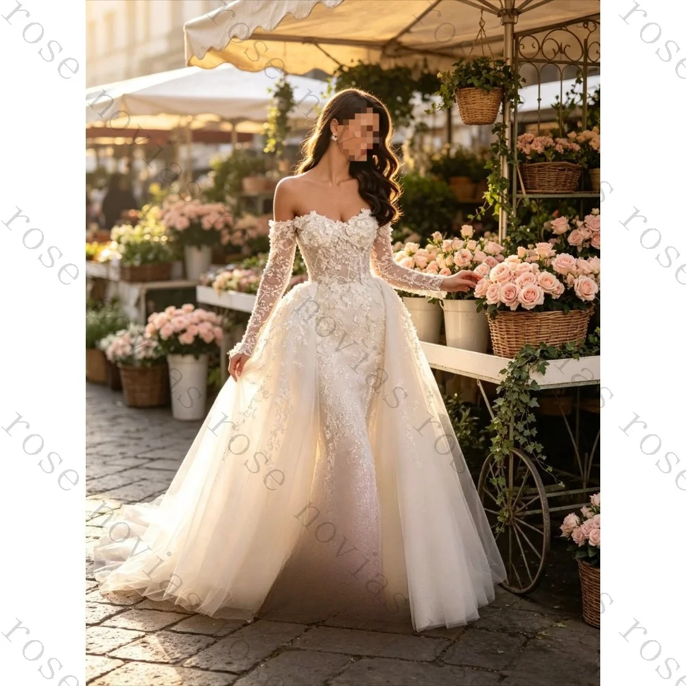 Customized Luxury Off Shoulder Lace Mermaid Wedding Dresses 2026 New Long Sleeved Decal Detachable Trailing Ruffled Bridal Gown