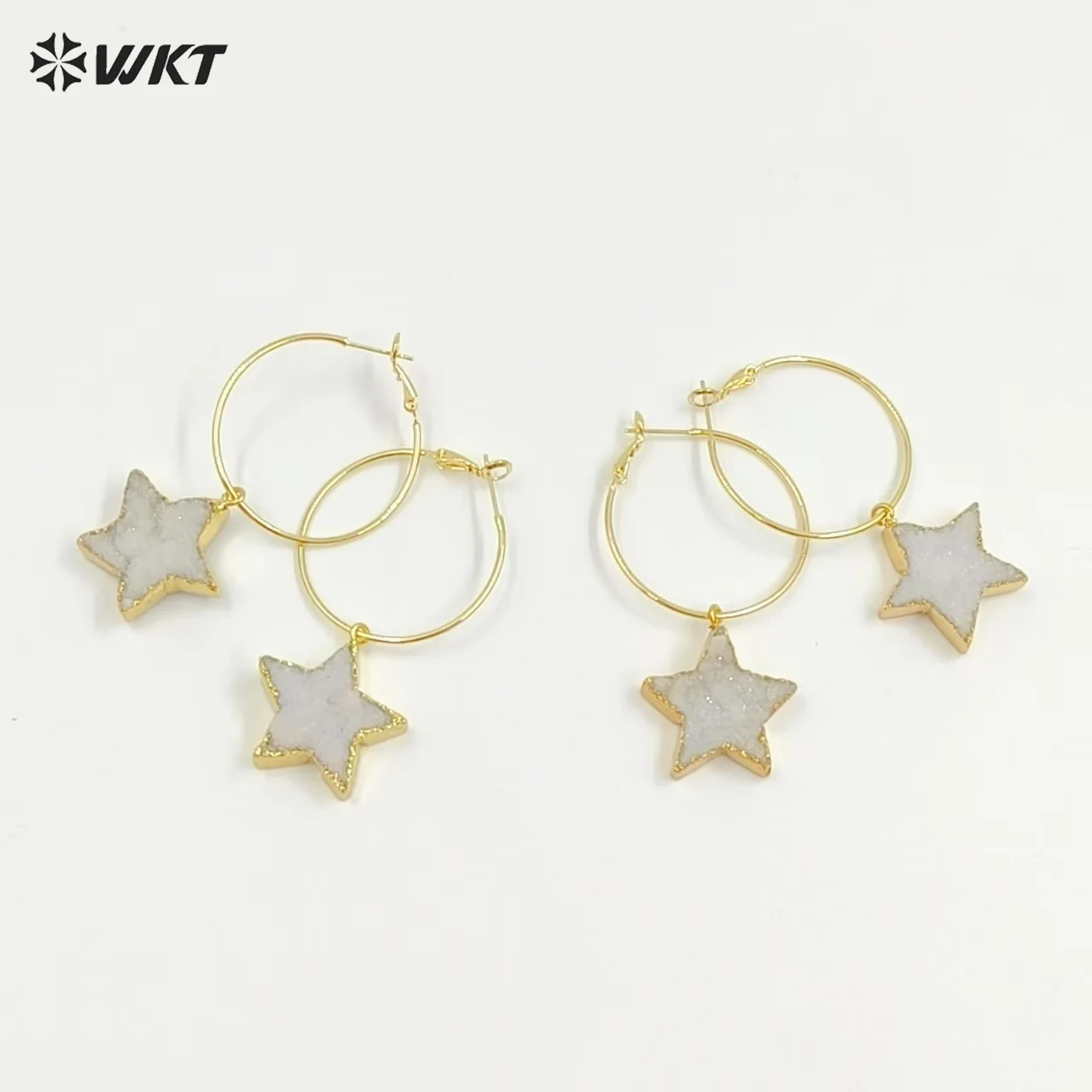 WT-E739 Lovely Star Design Yellow Brass Round Shape Druzy Quartz Stone Earring For Girls Adorable Dressing Decorative