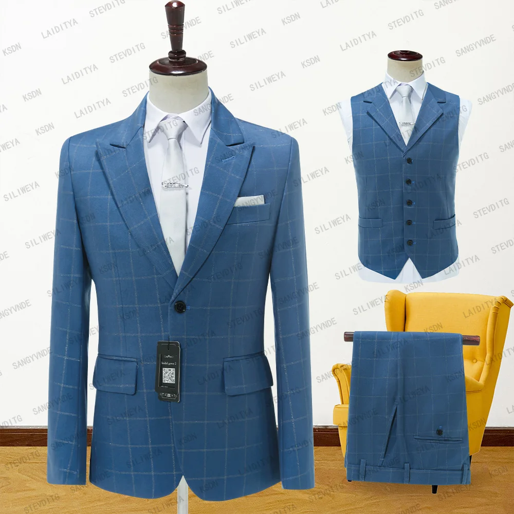 

2023 New Fashion Blue Plaid Mens Formal Business Office Suit Three-piece Groom Wedding Dress Party Suit（Blazer+Vest+Pants）