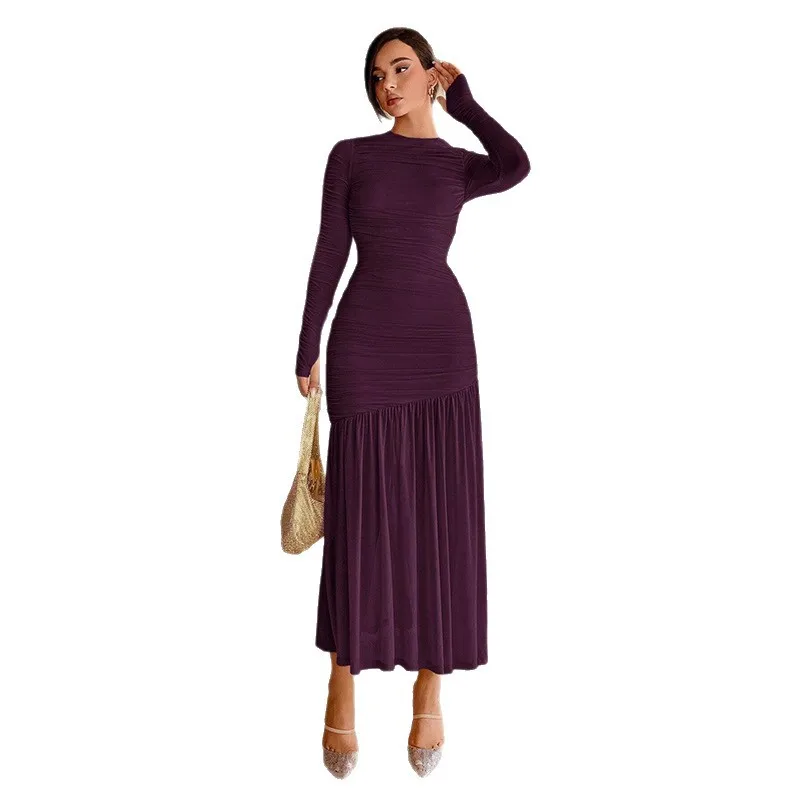 2025 New  Autumn Women's Fashion Casual Dress Temperament Elegant Pleated Round Neck Simple Solid Color Long-sleeved Long Skirt