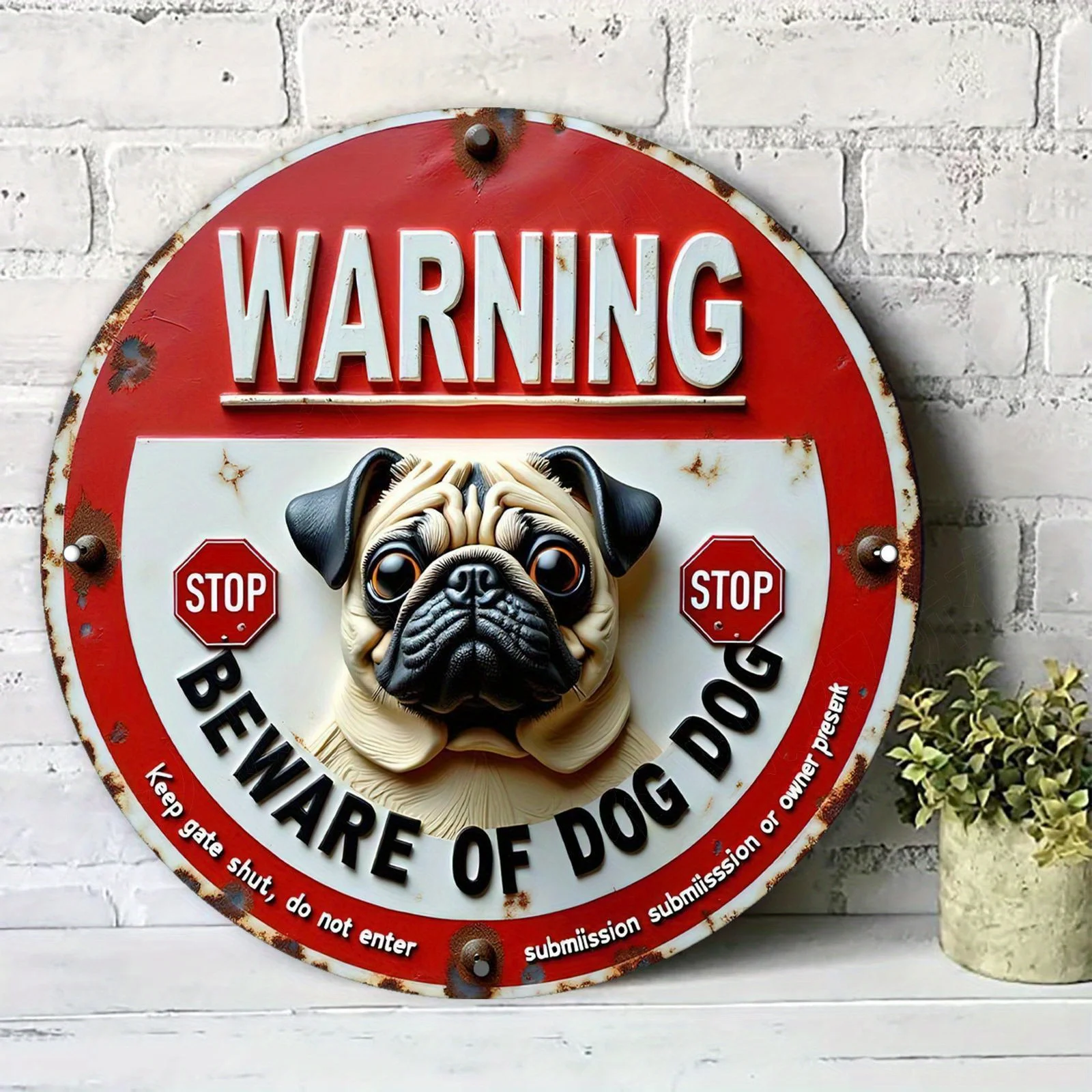 Vintage-Mops-Schild „Beware of Dog“ aus Aluminium, rund, 7,87 Zoll, rot-weißes kreisförmiges Metallschild