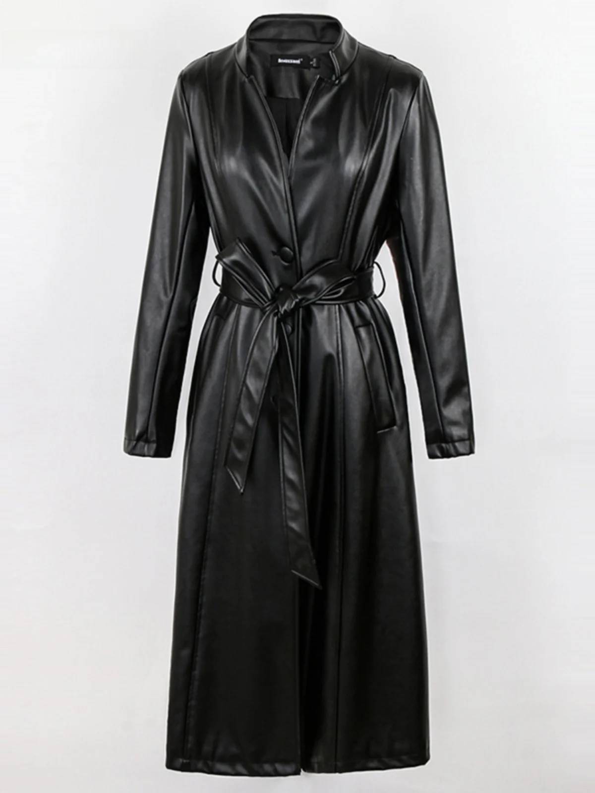 Nerazzurri Black Long Leather Coat Women's Slim Fit Soft PU Windbreaker Belted Waist Tummy Slimming Outerwear Jacket