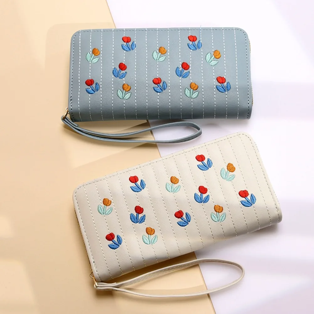 Zipper Women Wallet Fashion Tulip PU Embroidered Bag Card Bag