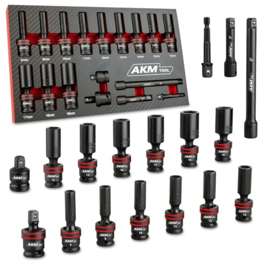 

3/8" Drive Universal Impact Socket Set 17 Piece Deep Swivel Socket Set Wobble Sockets Flexible 6-Point Metric 8-19mm Cr-Mo with
