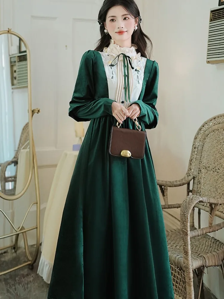 Vintage Green Velvet Midi Dress for Women Autumn Long Sleeve Ruffles O-neck Lace-up Slim Evening Party Robe Elegant Vestidos New