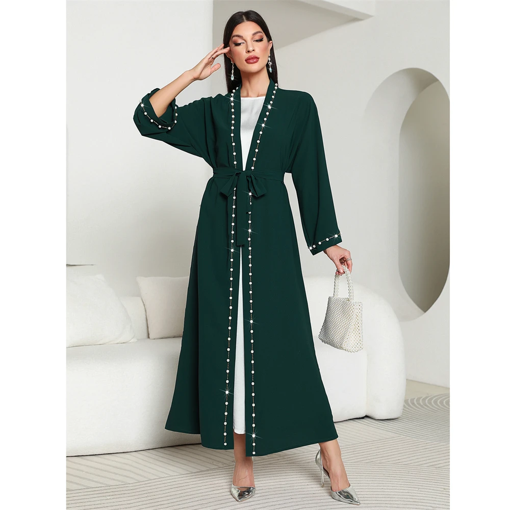 Eid Mubarak Djellaba Femme Longue Musulmane Open Abaya Dubai Turkey Kaftan Muslim Women Beaded Maxi Dress Kimono Jalabiya Robe