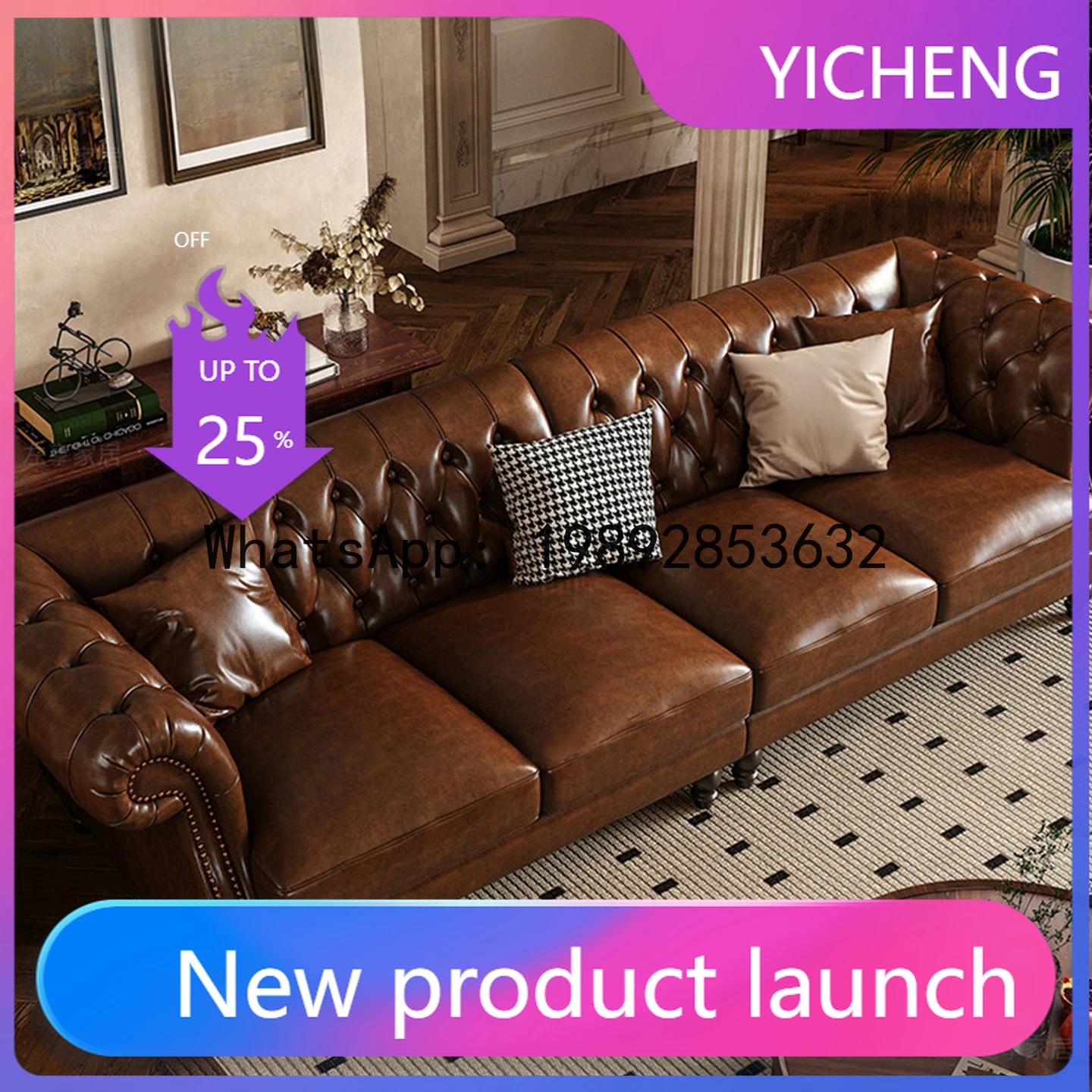 

Hys retro genuine leather sofa set - solid wood living room furniture, vintage style for villas and hotels