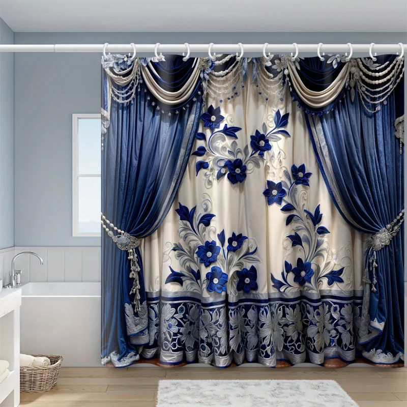 Elegant blue & white floral shower curtain-waterproof polyester with hooks, machine washable, perfect for all seasons bathroom