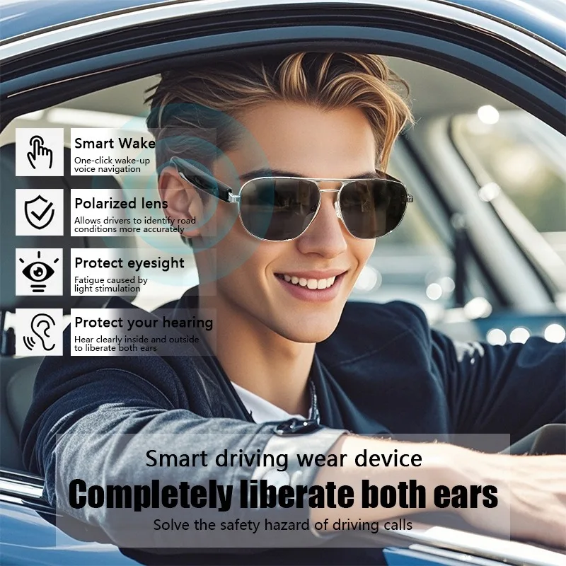 Smart Bluetooth sunglasses with magnetic charging, classic frame, black color, suitable for listening to music and making calls