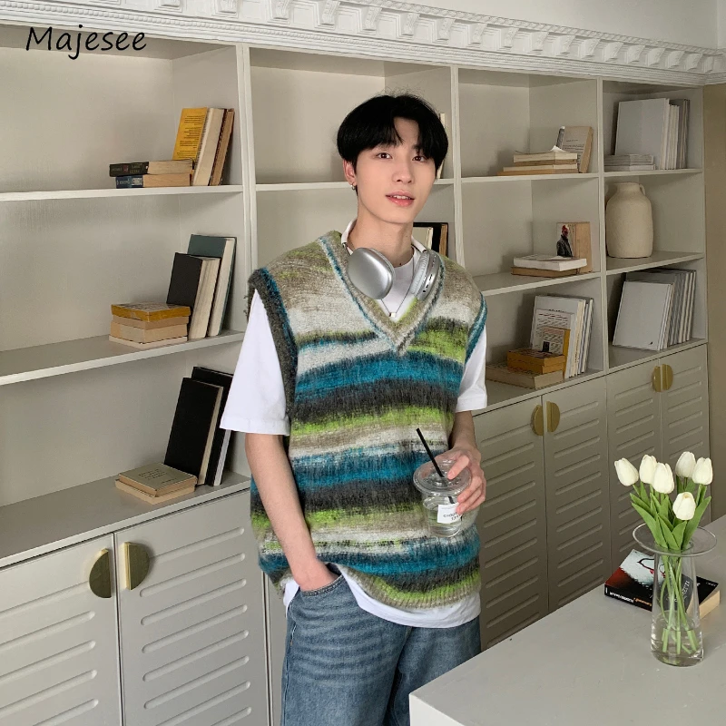 Sweater Vest Casual Loose V-neck Striped Spring Autumn Tie Dye Fashion Retro Soft Japanese Style Unisex Daily Knitting Youthful