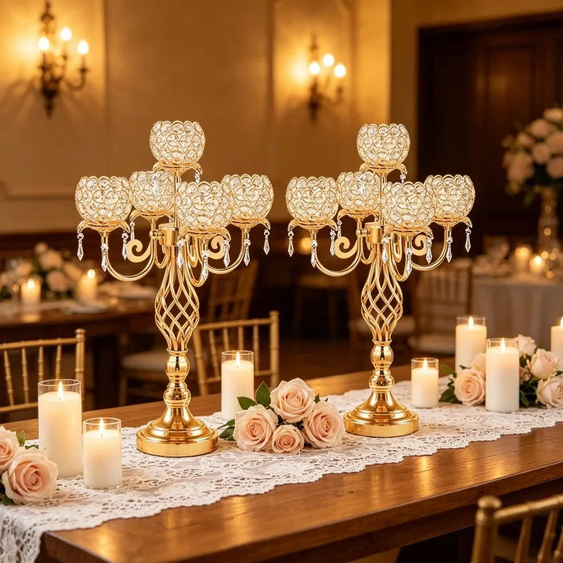 Gold Silver 5-Heads Crystal Candelabra Centerpiece Metal Candle Holder Stand with Twisted Base for Wedding Dining Table Decor