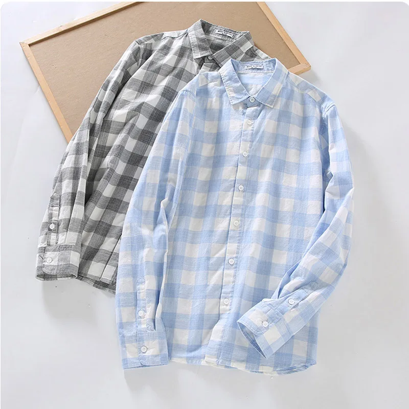 

New Japanese Plaid Shirt Spring Summer Long Sleeve Cotton Shirt Men's Casual Loose Square Collar Trend Shirt Brand Polo Tops