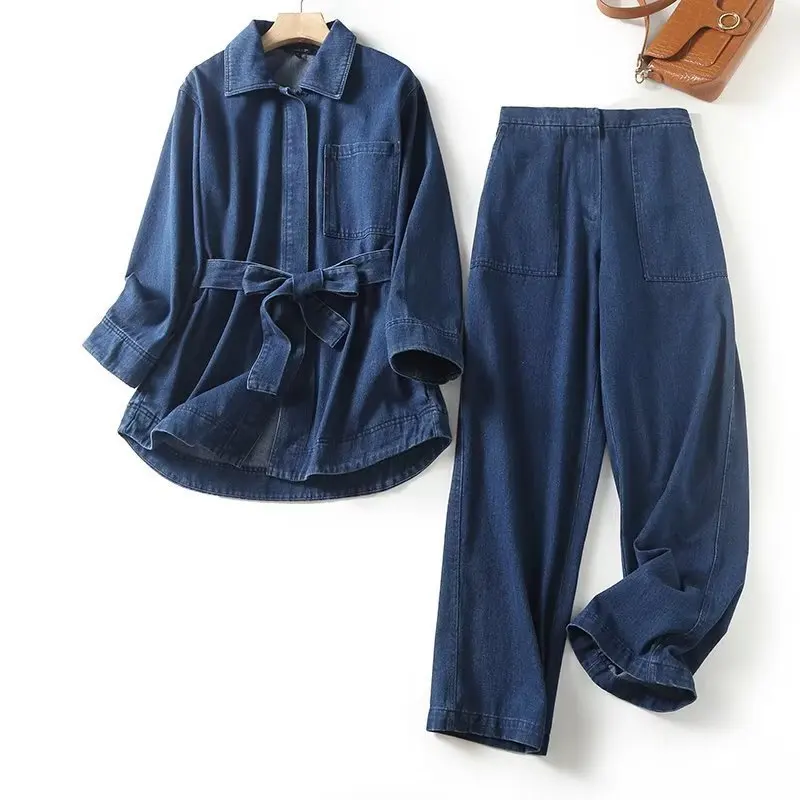 FANAN Temperament Denim 2 Piece Set Women's Lapel Belt Gathered Waist Jackets+high Waist Straight Loose Pants 2025 New Suits