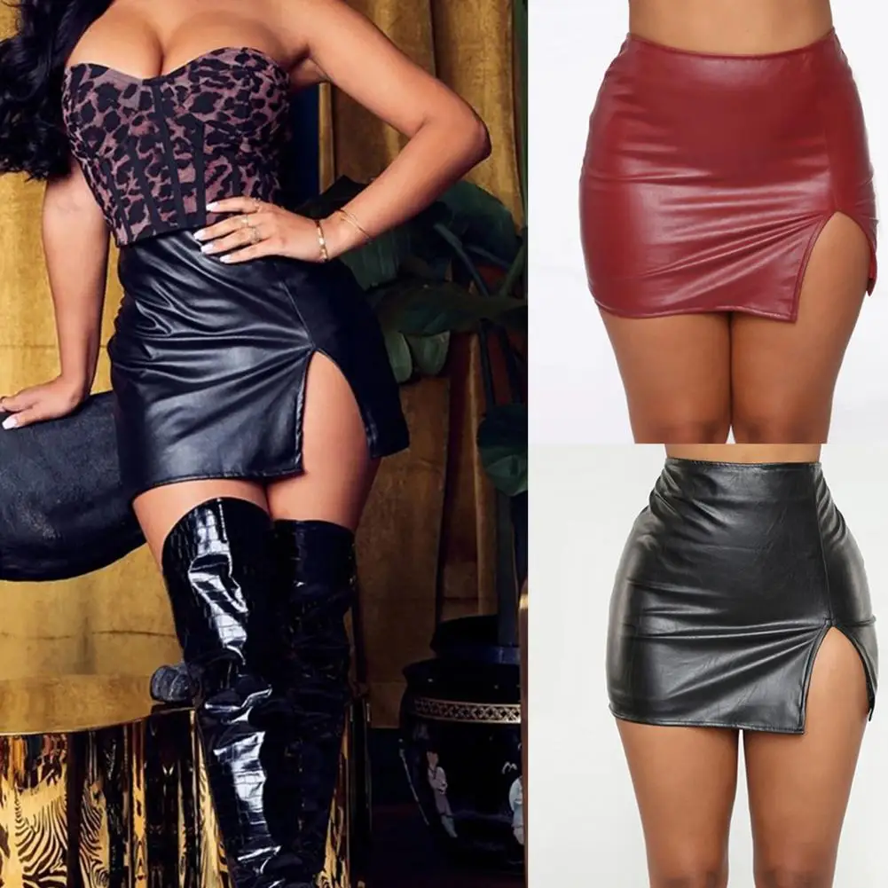 Stylish Short Skirt Faux Leather Women Skirt Slim Side Split Hem Short Skirt  Unique