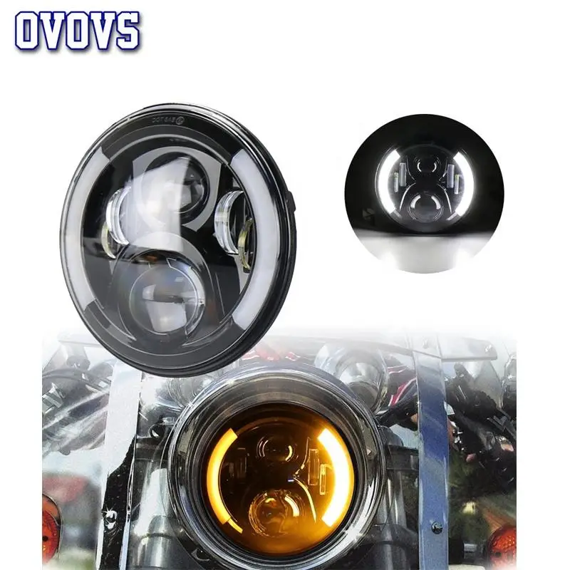 OVOVS 7 Inch Black LED Headlight 50W High Low Beam White DRL Amber Turn Signal Moto Headlamp Fit for Harley