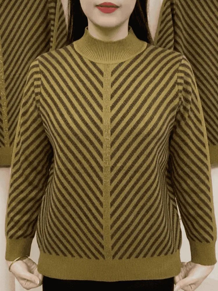 

Thiened Knitted Sweater Women's round Ne Retro Stripes Sle Autumn Winter Warm Faionable Mom Clothes Mid-aged And ly